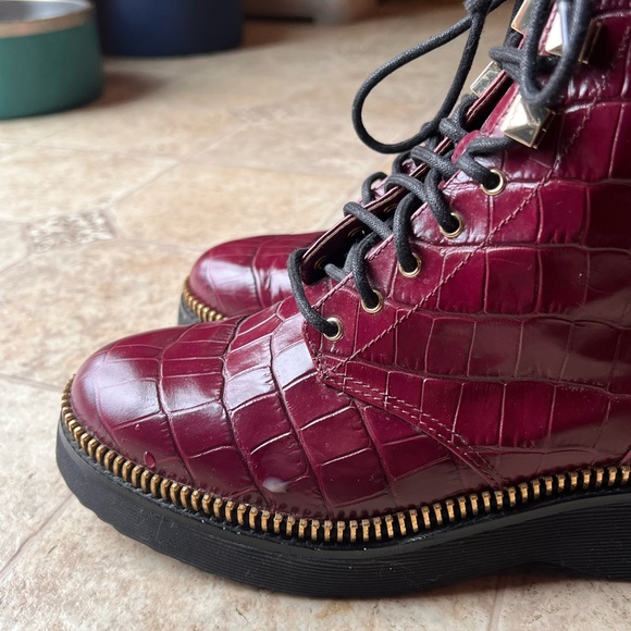 Michael Kors Burgundy Croc-Embossed Lace-Up Platform Boots - Picture 6 of 6